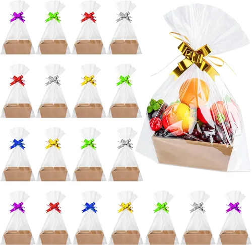 Miniatura 8 de Fainne 74 cestas vacías a granel para regalos, cesta de regalo vacía a granel, incluye 20 bandejas de cartón kraft con asas, 30 bolsas, 24 lazos