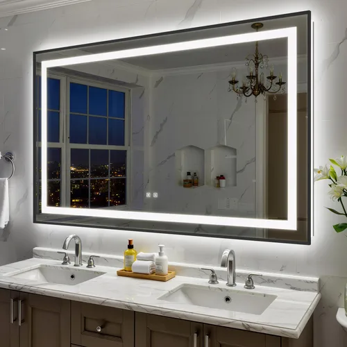 Miniatura 43 de Espejo de baño LED de 24 x 32 pulgadas con luces, espejo de tocador de baño con marco negro con luz frontal + retroiluminación para pared, vidrio