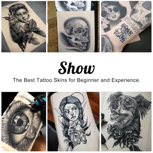 Miniatura 7 de 20 hojas de tatuajes falsos para práctica, doble cara, 86 piel falsa en blanco para artistas del tatuaje