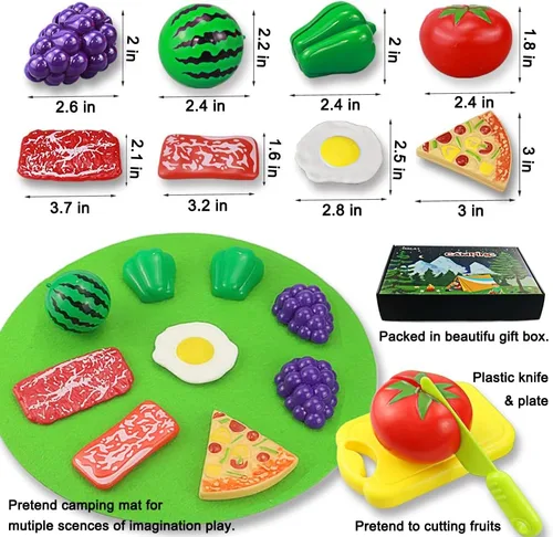 Miniatura 4 de 45 piezas de juguete de fogata para niños, juguetes de campamento para niños pequeños, juego de fogata de fieltro con frutas cortadas de simulación