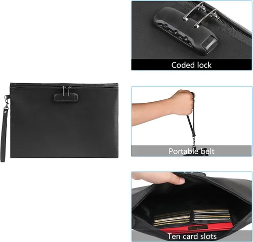 Miniatura 8 de Bolsa de documentos ignífuga de 2000℉ con bloqueo de contraseña, color negro, 14.3 x 10.2 pulgadas, bolsa de dinero ignífuga para efectivo