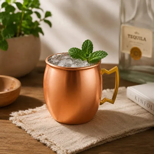 Miniatura 2 de Modern Home Taza hecha a mano de cobre macizo de 16 onzas, taza en forma de barril con mango de latón y textura suave, taza tradicional