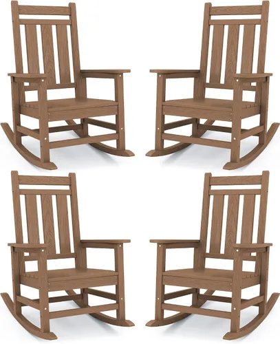 Miniatura 30 de Mecedora de exterior KINGYES, Mecedoras de patio para todo clima para porche, Sillas mecedoras de exterior de HDPE con respaldo alto para adultos
