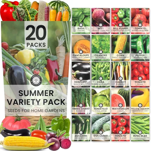 Semillas de jardín de verano | 20 paquetes individuales | Temporada 2026 | Sin OMG | Tomates, calabaza, melón, hierbas y mucho más. | para plantar