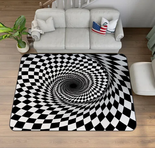 Miniatura 27 de Alfombra de ilusión óptica 3D azul y verde, patrón geométrico de remolino, para dormitorio, sala de estar, decoración de interiores, 63 x 47