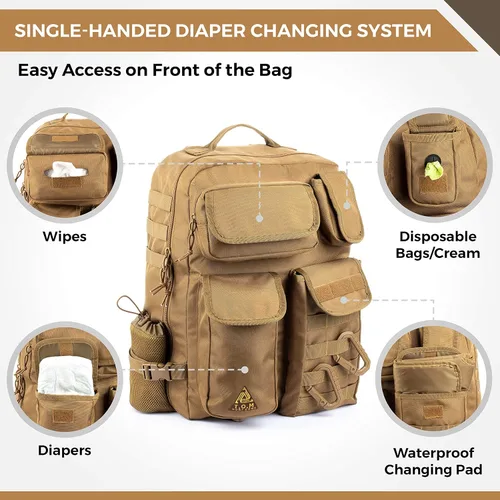 Miniatura 3 de T.O.M HORIZONS Bolsa de pañales para papá; sistema de cambio de pañales con una sola mano. Cambiador de pañales y mucho más incluido Caqui