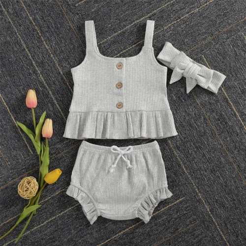 Miniatura 2 de Conjunto de ropa de verano para bebé recién nacida, vestido de tirantes de punto, con volantes y pantalones cortos, conjunto de trajes sólidos
