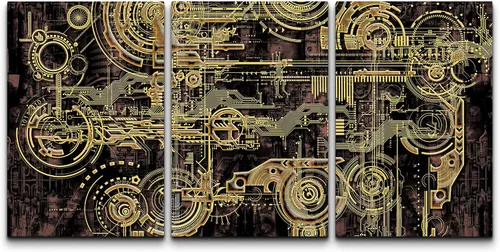 Miniatura 8 de wall26 Lienzo enmarcado para pared, juego de arte futurista amarillo de ciencia ficción y fantasía con ruedas de tren, ilustraciones