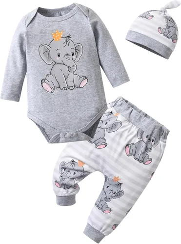 Miniatura 71 de Conjunto de 3 piezas de ropa de bebé recién nacido con estampado de manga larga + pantalones + sombrero