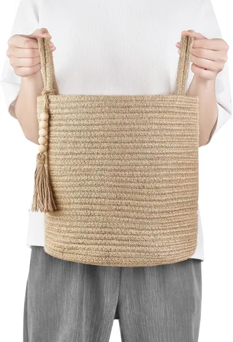 Miniatura 7 de Mkono - Canasta de almacenamiento tejida, canasta decorativa de cuerda natural con cuentas de madera para mantas, juguetes, ropa, zapatos y plantas