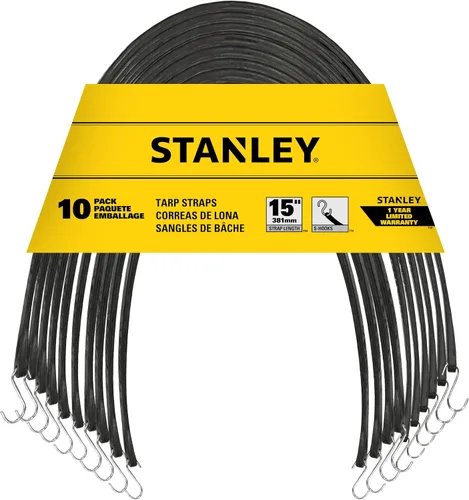 STANLEY S300415 - Cuerdas elásticas de lona de goma negra de 15 pulgadas para navegación, campamento, soporte de carga, paquete de 10