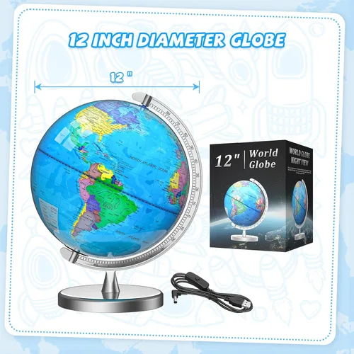 Miniatura 12 de Globo del mundo iluminado de 12 pulgadas para niños y adultos, lámpara de globo con mapa del mundo para niños, base estable de metal pesado, regalo