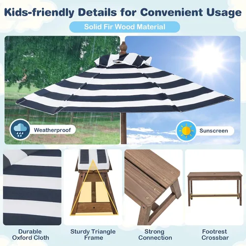 Miniatura 4 de KOTEK Mesa de picnic para niños con paraguas plegable, juego de mesa y banco de madera para patio trasero con cojines extraíbles, mesa de juego