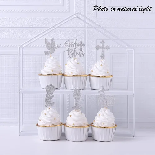 Miniatura 7 de 24 piezas de decoración para magdalenas con purpurina de paloma con brillantina, cáliz de la Biblia, para magdalenas, decoración de pasteles