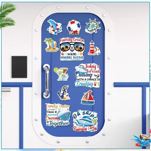 Miniatura 6 de Decoraciones magnéticas para puerta de crucero, 12 piezas de imanes náuticos tropicales familiares para crucero, divertidos letreros magnéticos