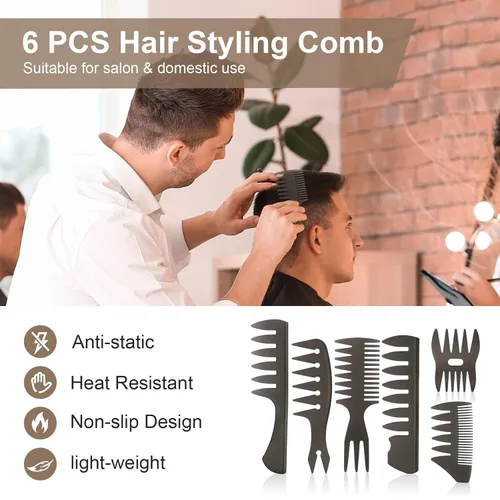 Miniatura 3 de URAQT Juego de 6 peines de pelo de dientes anchos, peinado profesional y peine de pompadour con púas húmedas, peine antiestático para hombres y 6