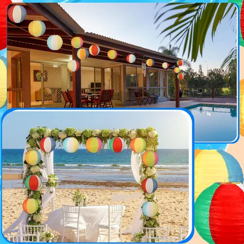 Miniatura 6 de Panelee 12 linternas de papel de bola de playa de 8 pulgadas, decoraciones de fiesta de piscina, decoraciones redondas colgantes temáticas de Luau