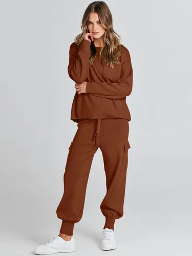 Miniatura 8 de Caracilia Conjunto de dos piezas para mujer, suéter de punto de manga larga y pantalones deportivos tipo cargo