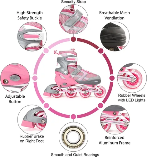 Miniatura 7 de Xino Sports Patines en línea para niños y niñas – Patines ajustables con ruedas iluminadas LED – Patines juveniles para interiores y exteriores Rosa