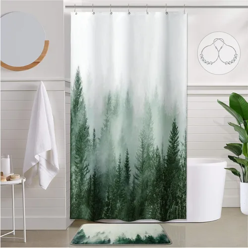 Miniatura 15 de ORTIGIA 36x72 Cortina de ducha de bosque nebuloso para baño pequeño, cortina de ducha estrecha de naturaleza y bosque en blanco y negro con ganchos