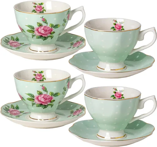 Miniatura 8 de BTaT- Juego de 2 tazas de té y platillos florales, 8 onzas, juego de tazas de té de porcelana fina con ribete dorado para té de la tarde, bodas, Azul