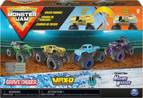 Miniatura 2 de Monster Jam, Official Reveal The Steel - Paquete de 4 camiones monstruo fundidos a presión que cambian de color, escala 1:64 (6058463)