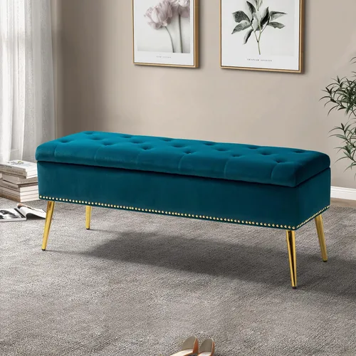 Miniatura 15 de HULALA HOME Moderno banco otomano de almacenamiento de terciopelo con base dorada y borde de cabeza de clavos, banco tapizado para dormitorio