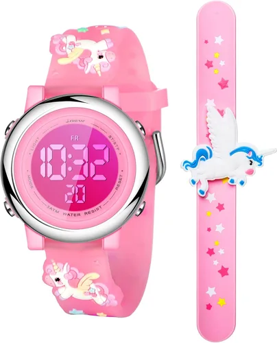 2 Pieces Kids Unicorn Watch Toddler Watch and Silicone Wristband Cute 3D Kids Digital Watch Waterproof 7 Color Lights Watch with Alarm Stopwatch