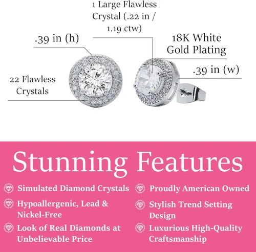 Miniatura 2 de Cate & Chloe Ariel - Aretes de tuerca chapados en oro blanco de 18 quilates, aretes de diamante simulado de plata, aretes de corte redondo