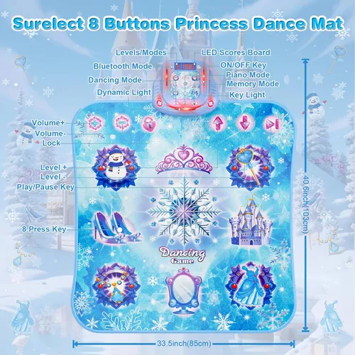 Miniatura 6 de Alfombra de Baile para Niñas de 3-12 Años, Juguetes Frozen Alfombra de Baile Electrónica con 8 Botones y Bluetooth Inalámbrico, Juego Musical de Azul