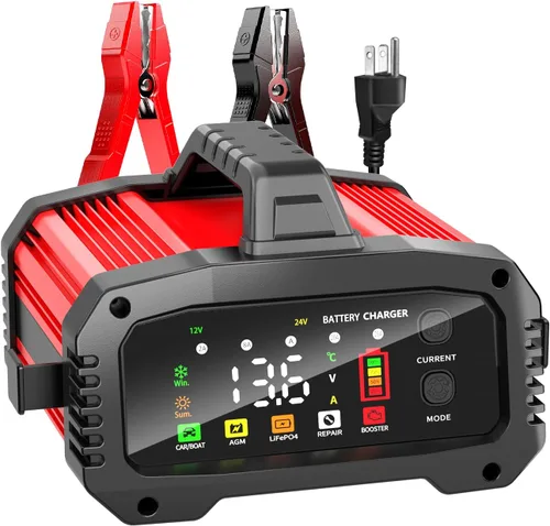 Cargador de batería de coche 25A, 12V/24V LiFePO4 cargador de batería automotriz, cargador de goteo de amplificador ajustable con detección