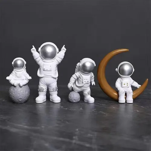 Juego de 4 estatuas de astronauta blancas plateadas, esculturas de astronauta, figuras de astronauta, decoración temática espacial para habitación,