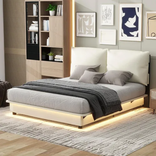 Miniatura 24 de Cama de plataforma flotante, marco de cama de madera tamaño individual con rayas claras, tela de lino suave y cabecera de diseño capitoné