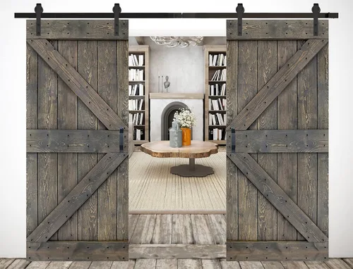 Miniatura 47 de Serie K de 60 x 84 pulgadas (30 x 84 pulgadas x 2 paneles) Puerta corredera clásica de madera maciza con acabado de nogal con riel de herrajes