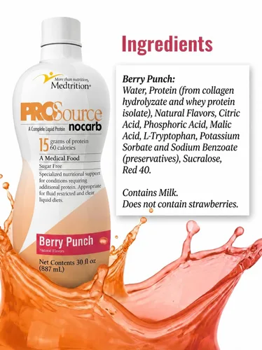 Miniatura 3 de Péptidos de colágeno líquido tipo I, III, 0.53 oz de proteína por onza. Prosource NoCarb Berry Punch Bottle Medtrition