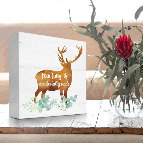 Miniatura 4 de Fearfully and Wonderfully Made - Letrero de madera cristiana para escritorio, decoración de escritorio de ciervos del bosque, caja de madera, placa