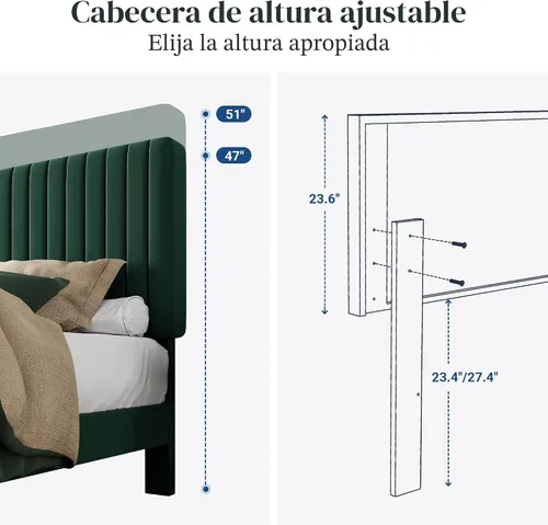 Miniatura 6 de Allewie - Base de cama tamaño Queen con cabecera acolchada tapizada en terciopelo y diseño acanalado vertical ajustable; plataforma de cama con base