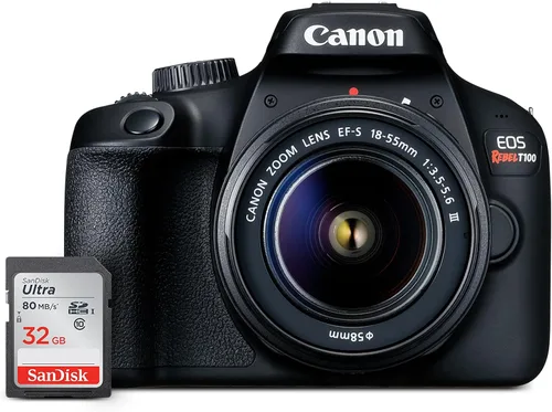 Canon Cámara DSLR EOS Rebel T100 con lente EF-S 0.709-2.165 in f/3.5-5.6 III, sensor CMOS APS-C de 18 MP, Wi-Fi integrado, visor óptico, imágenes