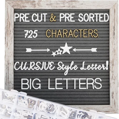 Miniatura 6 de Tablero de letras de fieltro – precortadas y clasificadas, 725 caracteres blancos y dorados, letras cursivas, grandes, cambiables con soporte