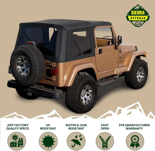 Miniatura 2 de Revestimiento superior estilo de fábrica Sierra Offroad para Jeep Wrangler TJ (1997-2002), funda blanda con vidrios polarizados, sin puertas Negro