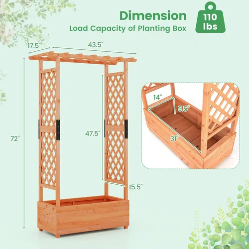 Miniatura 7 de Giantex Cama de jardín elevada con enrejado y techo colgante, jardinera de madera con parte inferior y agujeros de drenaje, maceta de jardín