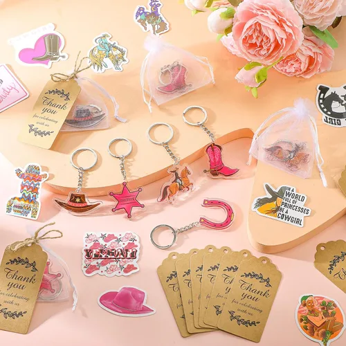 Miniatura 3 de Sasylvia 159 piezas de recuerdos de fiesta de vaquera incluyen llaveros occidentales, bolsas de calcomanías de vaquera rosa y etiquetas