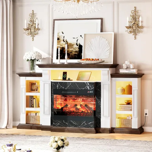Miniatura 2 de LGHM Soporte de TV con Chimenea Eléctrica LED con Tomacorriente, Repisa de Chimenea de 72'' para TVs de hasta 80'', Centro de Entretenimiento Blanco