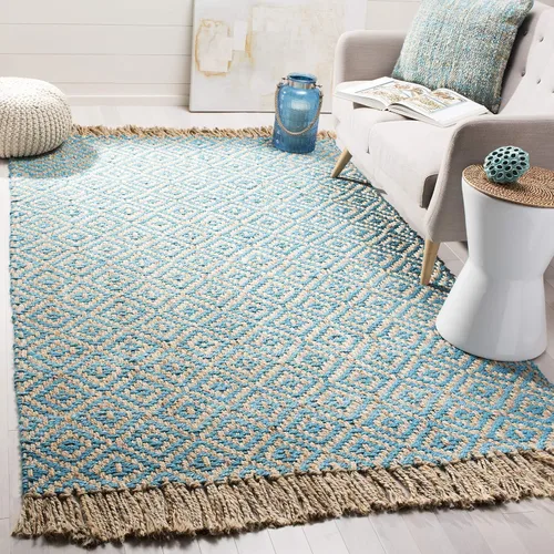 Miniatura 19 de SAFAVIEH Natural Fiber Collection - Alfombra decorativa, 2.3 x 4 pies, azul tropical y natural, yute bohemio con borlas de diamante, hecho a mano