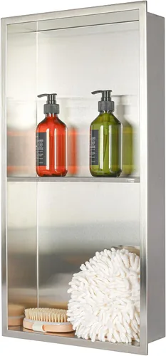 Miniatura 14 de Nicho de ducha empotrado de 24 x 12 pulgadas con estantes dobles, inserto de pared de acero inoxidable negro mate, no necesita azulejos