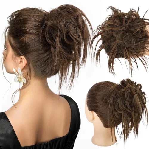 Miniatura 37 de HMD - Extensiones de cabello tipo chongo alborotado con rodelo despeinado, banda elástica de goma, extensiones de cabello sintético para mujer