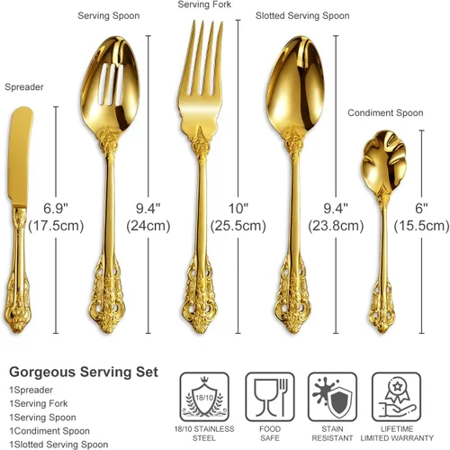 Miniatura 2 de KEAWELL Precioso juego de utensilios de servicio de anfitriona de acero inoxidable 18/10, apto para lavavajillas (dorado)