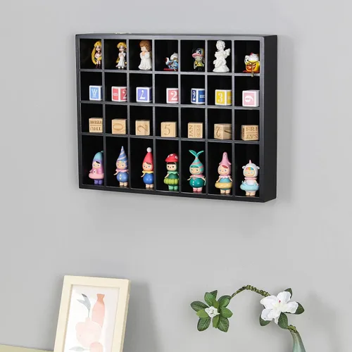 Miniatura 4 de Vitrina negra de 18 x 13 pulgadas, madera maciza montada en la pared, 28 ranuras, estante pequeño para gabinete Curio (sin puerta)