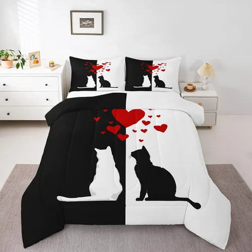 Miniatura 14 de Juego de edredón de San Valentín para parejas, juegos de ropa de cama rojo y blanco para niños, niñas, adolescentes, con texto en inglés "I Love