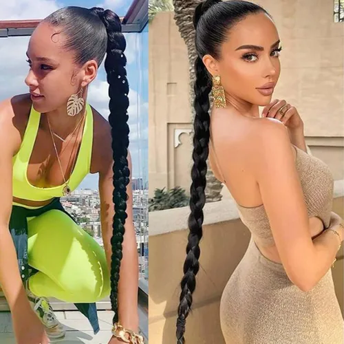 Miniatura 5 de Extensión de cola de caballo de trenza larga con lazo elástico, 1 unidad, extensiones de cabello sintético lacio y elegante envolvente para mujer